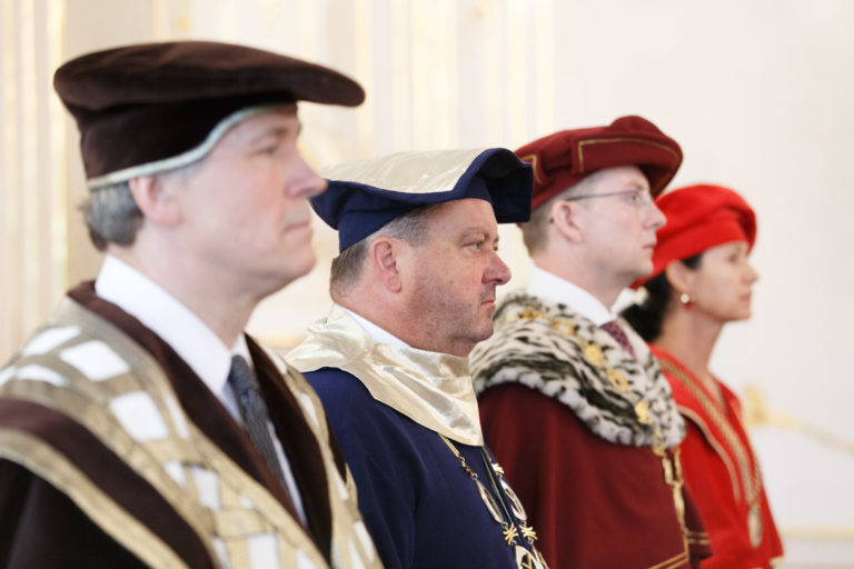 Rektori Zľava: Rektor Bratislavskej medzinárodnej školy liberálnych štúdií Samuel Abrahám, rektor Katolíckej univerzity v Ružomberku Jaroslav Demko, rektor Univerzity Mateja Bela v Banskej Bystrici Vladimír Hiadlovský a rektorka Akadémie Policajného zboru Lucia Kurilovská počas vymenovania rektorov vysokých škôl prezidentom SR v Prezidentskom paláci. Bratislava, 7. august 2018.