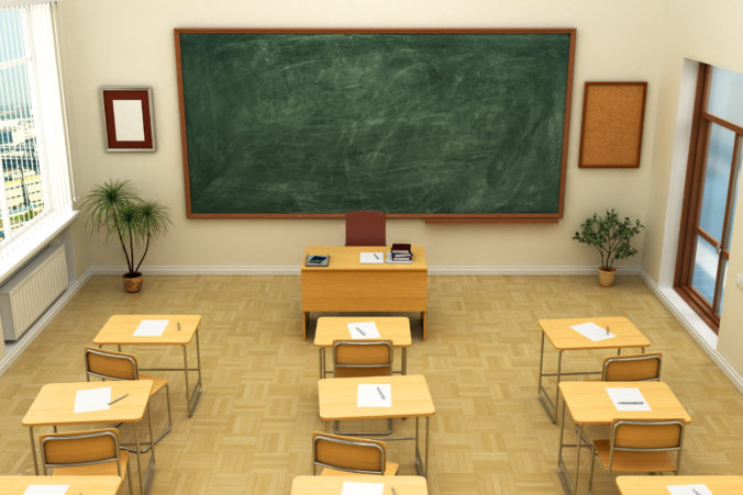 Empty school classroom with blackboard for training. 3D rendering.