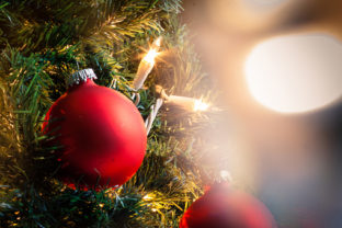 A christmas ball on a christmas treen behind christmas lights