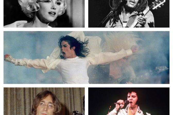 Marilyn Monroe, Bob Marley, Michael Jackson, John Lennon, Elvis Presley