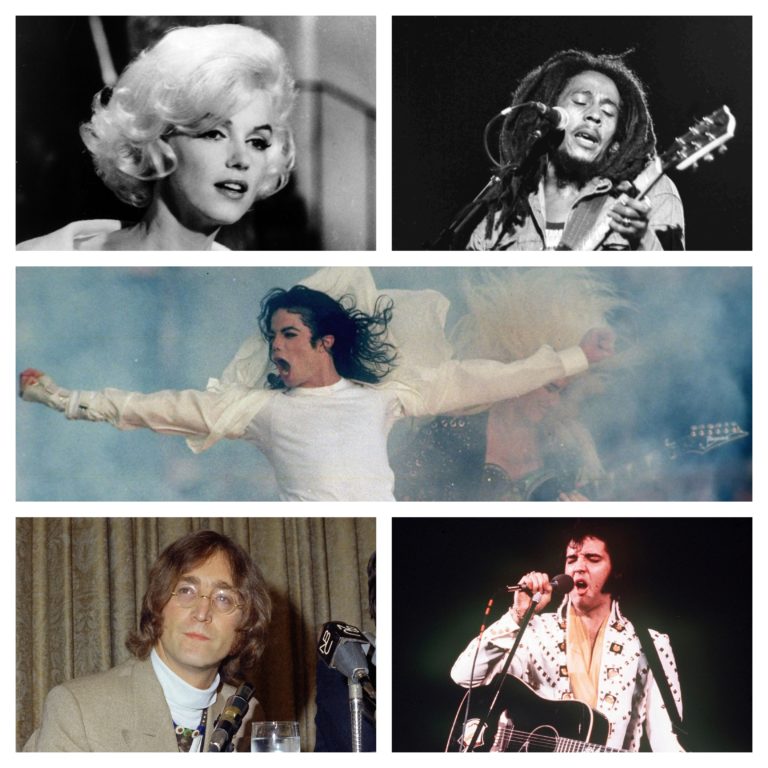 Marilyn Monroe, Bob Marley, Michael Jackson, John Lennon, Elvis Presley