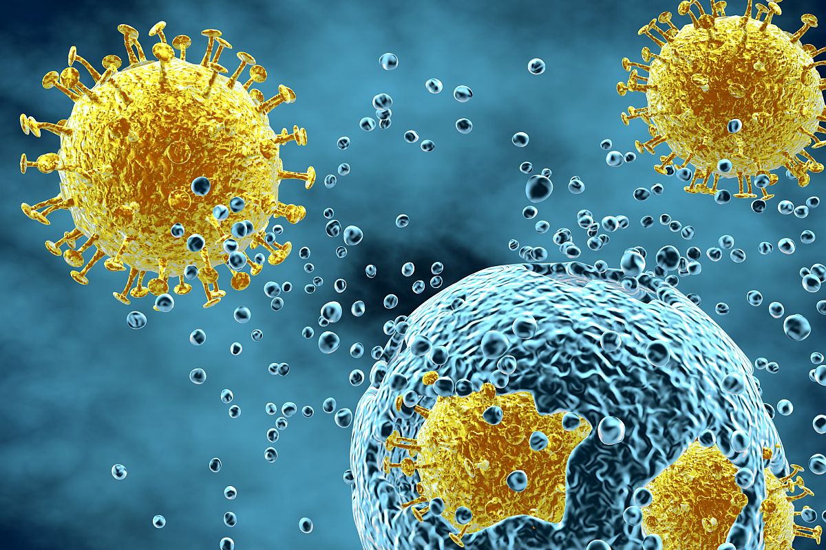 Viral infection disease attacking cell abstract idea illustration.