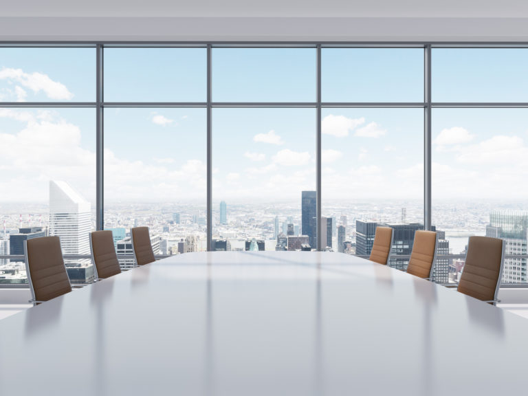 Panoramic conference room in modern office in New York City.
