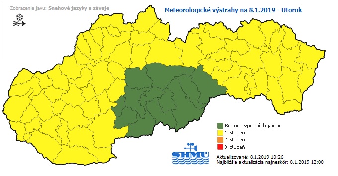 výstraha, prvý stupeň, snehové jazyky a záveje