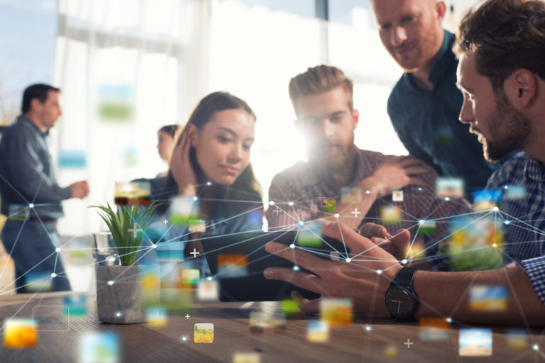 Businessperson in office connected on internet network. concept of partnership and teamwork