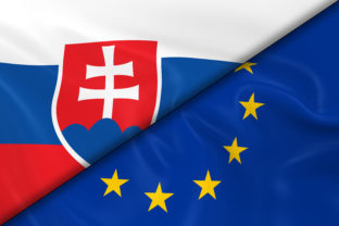 Flags of Slovakia and the European Union Divided Diagonally - 3D Render of the Slovakian Flag and EU Flag with Silky Texture