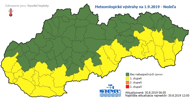 výstraha, vysoké teploty, nedeľa (1. september)