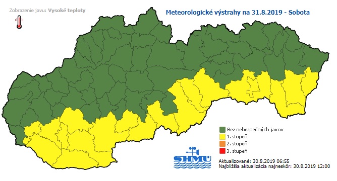 výstraha, vysoké teploty, sobota (31. august)