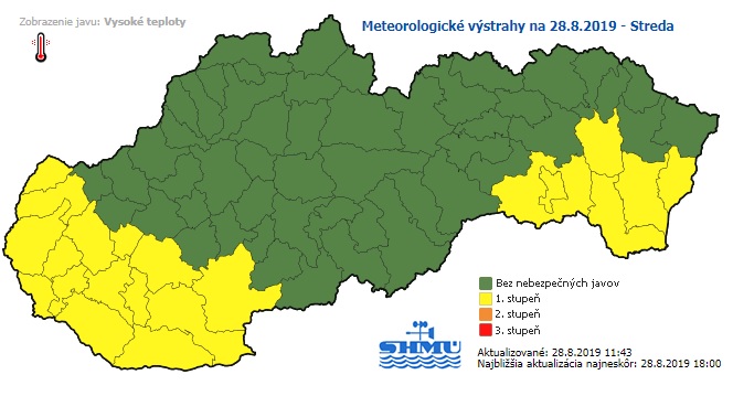 výstraha, vysoké teploty, streda (28. august)