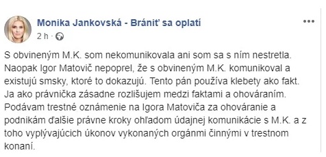 Monika Jankovská, status, facebook