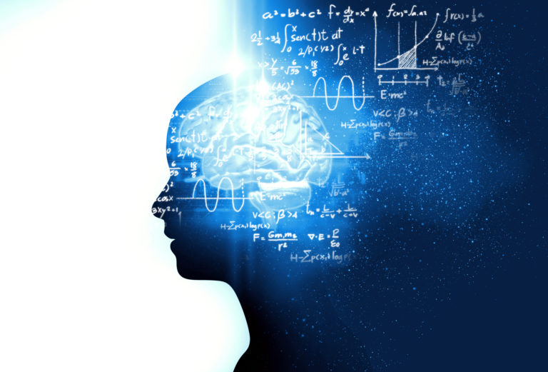 Silhouette of virtual human on handwritten equations 3d illustration
