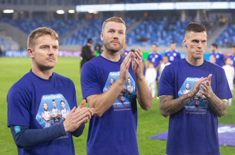FUTBAL: Slovensko - Paraguaj. Tomáš Hubočan, Adam Nemec, Martin Škrtel