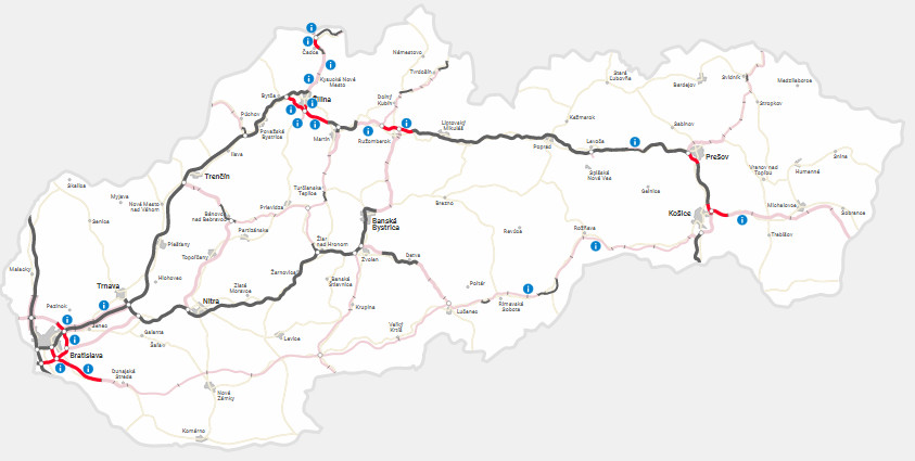 Mapa diaľnic a rýchlostných ciest na Slovensku