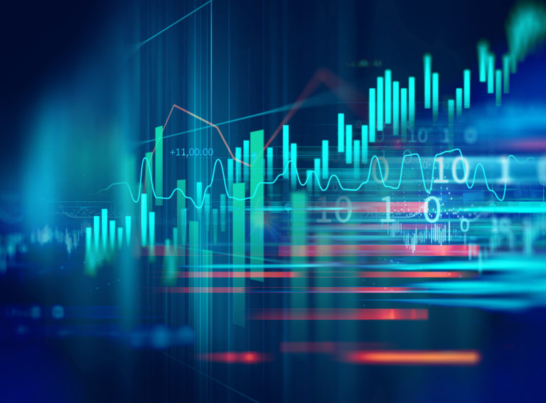 Stock market investment graph with indicator and volume data.