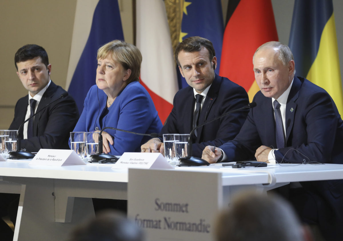 Volodymyr Zelenskyj, Angela Merkelová, Emmanuel Macron, Vladimir Putin