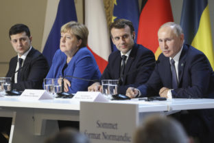Volodymyr Zelenskyj, Angela Merkelová, Emmanuel Macron, Vladimir Putin