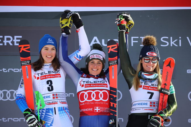 Petra Vlhová, Mikaela Shiffrinová, Federica Brignoneová,  obrovský slalom, Sestriere