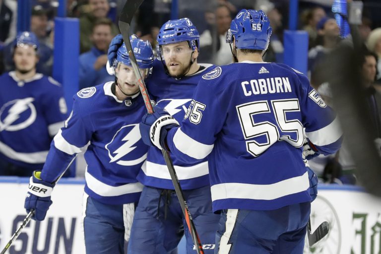 Steven Stamkos, Braydon Coburn, Erik Černák, NHL, Tampa Bay Lightning