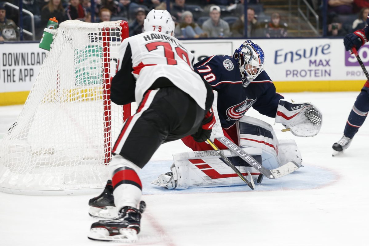 Joonas Korpisalo, Jayce Hawryluk,NHL, Columbus Blue Jackets