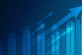 Abstract financial graph with uptrend line and arrows in stock market on blue colour background