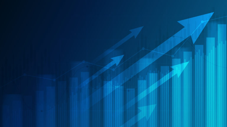 Abstract financial graph with uptrend line and arrows in stock market on blue colour background