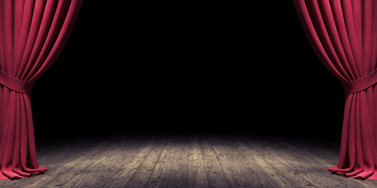 Wooden Stage with open red velvet curtain 3d render