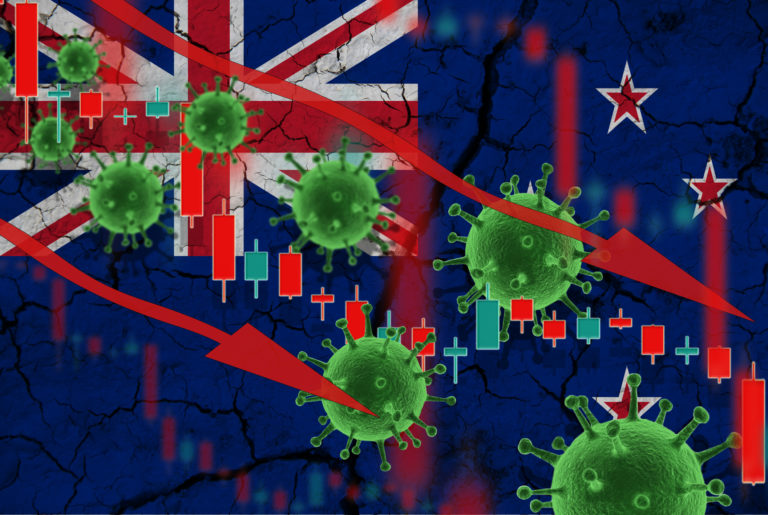 Flag of New Zealand, falling currency on background of flag and fluctuations in prices and viruses. Crisis concept with falling stock prices of companies against the backdrop of coronovirus pandemic.