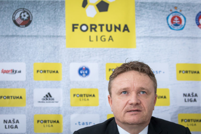 počas tlačovej konferencie Únie ligových klubov (ÚLK) pred začiatkom novej sezóny Fortuna ligy 2018/2019 na tému: Pokračovanie spolupráce s generálnym partnerom ligy a ïalšie novinky. Bratislava, 17. júl 2018.