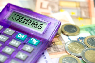 Calculator, Euro banknotes and coronavirus in Europe