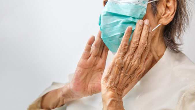 Elderly woman wearing a mask to protect from coronavirus covid 19