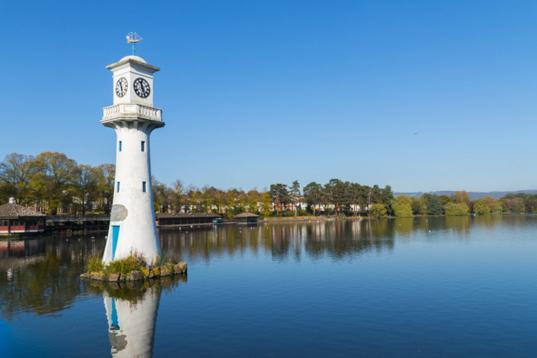 Captain Scott Monument at Roath Park Lake, Cardiff, UK