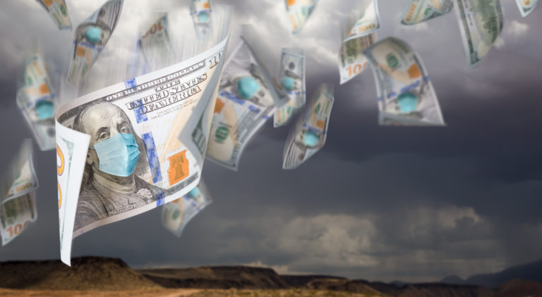 100 Dollar Bills with Face Mask Falling From Stormy Cloudy Sky