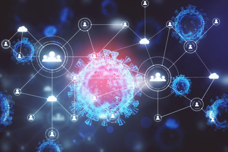 Virus cells coronavirus 2019 nCov and remote work hologram