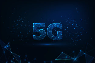 Futuristic glowing low polygonal fast 5G internet connection concept on dark blue background.