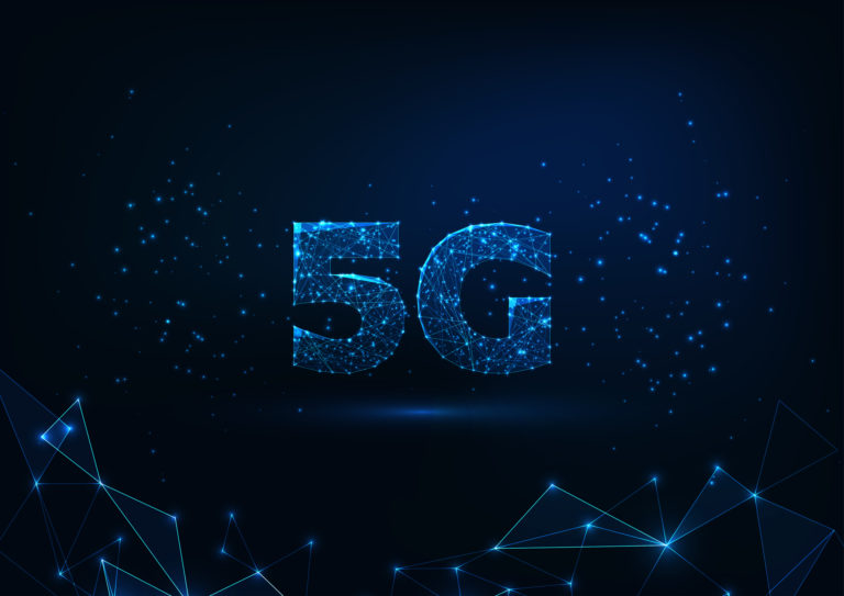 Futuristic glowing low polygonal fast 5G internet connection concept on dark blue background.