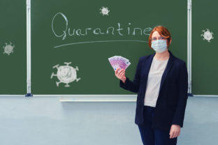 Woman teacher in a medical mask holds money in euros at the blackboard with the words "Quarantine". Concept of money problems during isolation due to flu virus.
