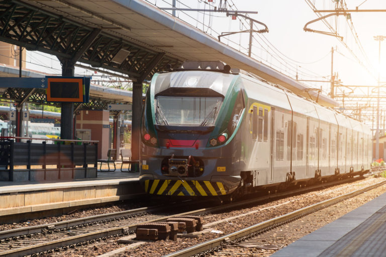 Train in railroad station in Northern Italy.
