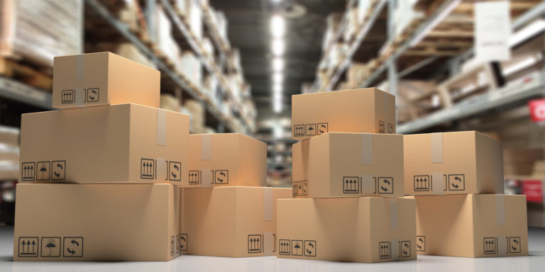 Cardboard boxes on blur storage warehouse shelves background. 3d illustration