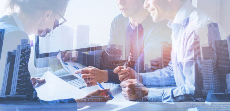 Business people working on marketing plan, double exposure