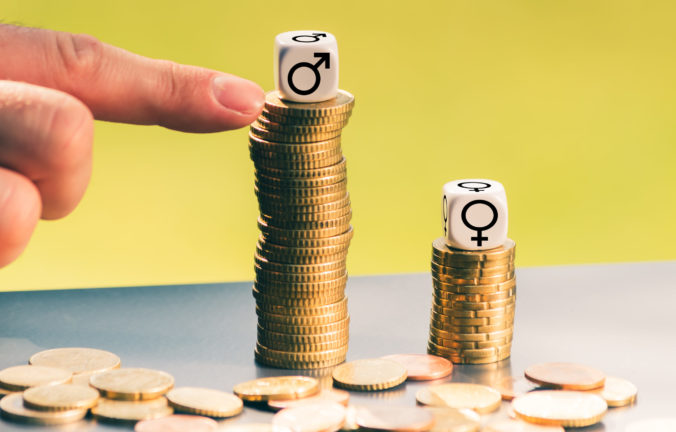 Symbol for unequal payment. Gender symbols on different high stacks of coins.