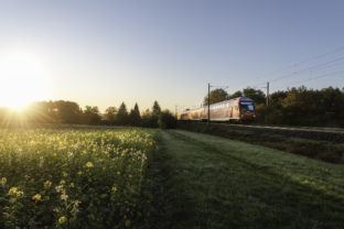 Red train and spring landscape at sunrise. Spring travel context