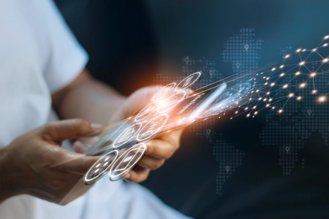 Man using mobile online banking and payment, Digital marketing. Finance and banking networking. Online shopping and icon customer network connection, cyber security. Business technology.