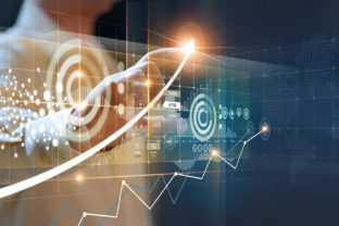 Businessmen point to arrows and business growth graphs on a modern virtual interface on global network, Banking, Stock market and currency exchange.
