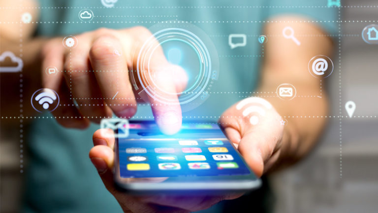 Businessman using a smartphone with a Contact icon surrounding by app and social icon - 3d render