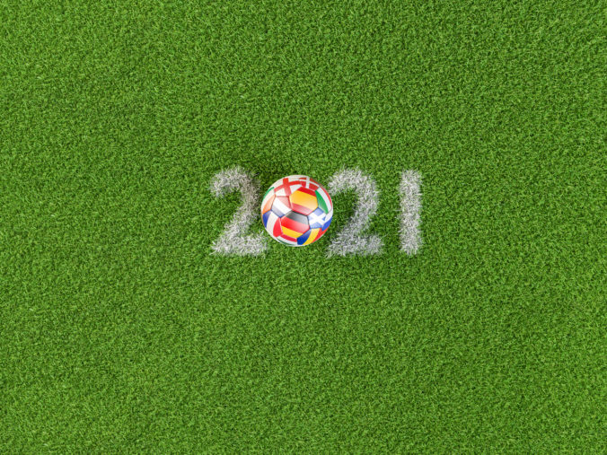 3D render: Soccer ball with flags of all hosting countries of European Soccer Championship shifted to 2021 (Germany, France, Netherl., Italy, Romania, Hungary, Spain, England, Scotland, Denmark, Ireland, Russia)