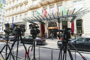 TV cameras in front of the 'Grand Hotel Vienna' where closed-door nuclear talks take place in Vienna, Austria, Sunday, June 20, 2021. ()