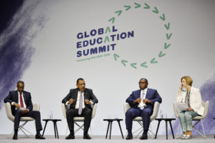 From left, Somalia's Prime Minister Mohamed Hussein, Niger's President Mohamed Bazoum and Sierra Leone's President Julius Maada Bio take part in a session entitled "The Power of Education" on the second day of the Global Education Summit in London, Thursday, July 29, 2021 hosted by Australia's former prime minister Julia Gillard, right.