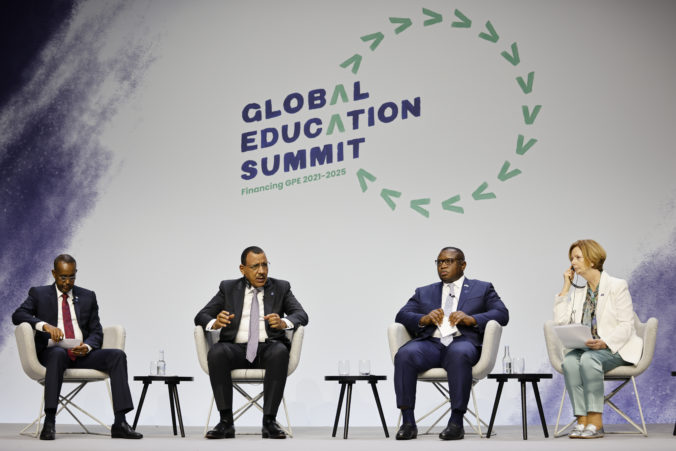 From left, Somalia's Prime Minister Mohamed Hussein, Niger's President Mohamed Bazoum and Sierra Leone's President Julius Maada Bio take part in a session entitled "The Power of Education" on the second day of the Global Education Summit in London, Thursday, July 29, 2021 hosted by Australia's former prime minister Julia Gillard, right.