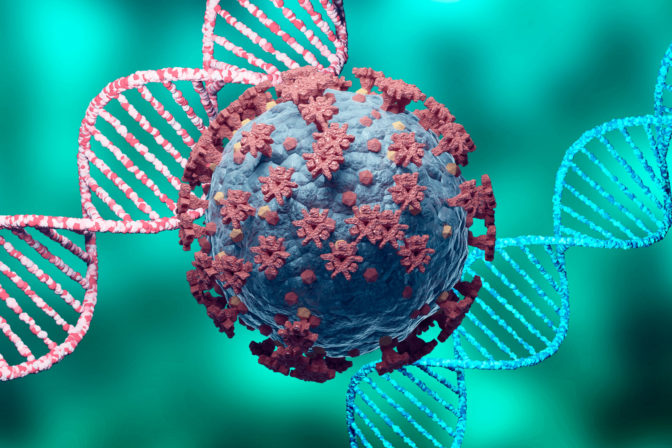 Coronavirus and DNA, virus mutation. New variant and strain of SARS CoV 2. Microscopic view.