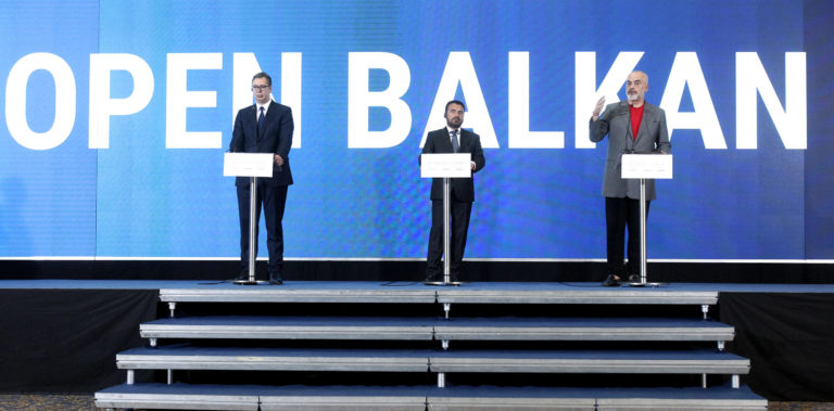 Serbia's President Aleksandar Vucic, left, North Macedonia's Prime Minister Zoran Zaev, center and Albania's Prime Minister Edi Rama, right, hold a a joint news conference just after the economic forum for regional cooperation in Skopje, North Macedonia, Thursday, July 29, 2021. Frustrated with infinite delays in a process to join the European Union, three Balkan leaders have agreed on Thursday their countries to open borders in 2023 to secure free movement of people and goods without administrative procedures.